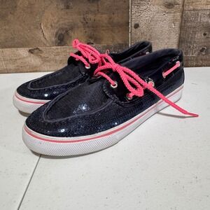 Sperry Shoes Girls 5 Navy Blue Pink Boat Sequin Sneakers Lace Up Summer Slip On